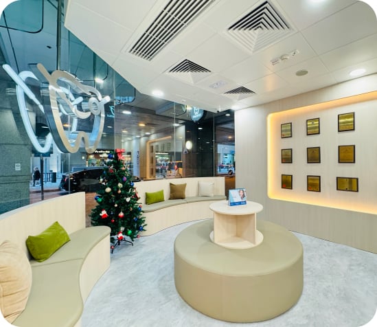 Modern waiting room with Christmas tree and seating