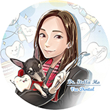 Cartoon dentist holding dog and dental tool